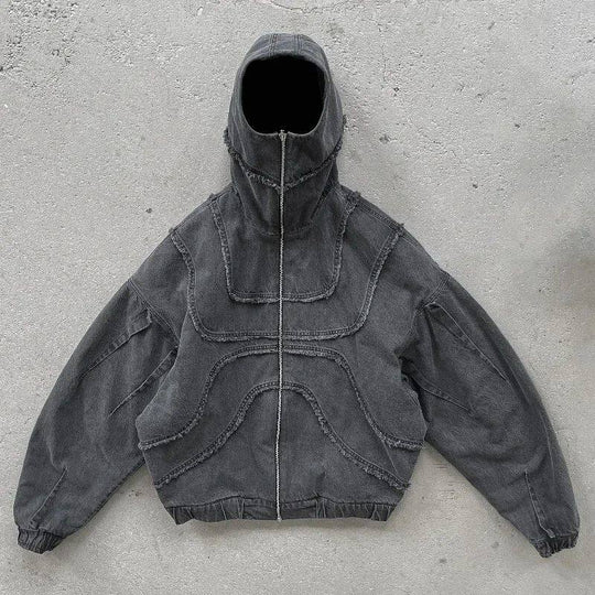 Washed Denim Jacket Y2K Double Zipper Stitching Flared Streetwear Gothic Oversized Unisex