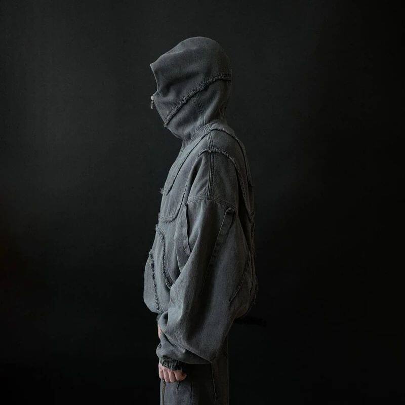 Washed Denim Jacket Y2K Double Zipper Stitching Flared Streetwear Gothic Oversized Unisex