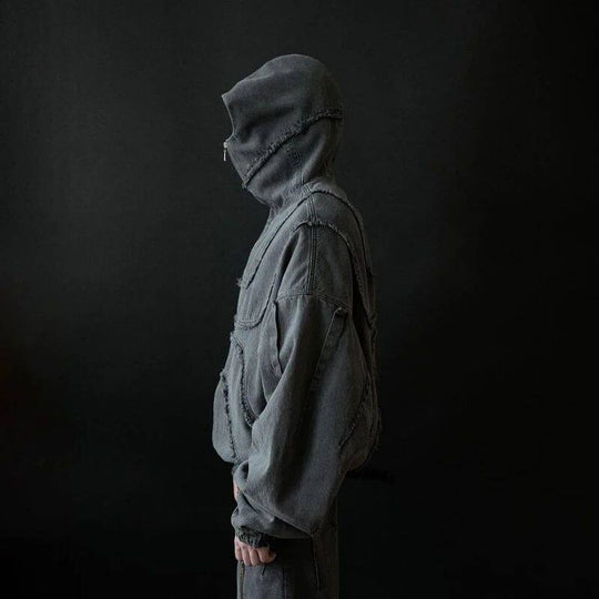 Washed Denim Jacket Y2K Double Zipper Stitching Flared Streetwear Gothic Oversized Unisex