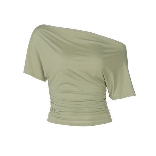 Fashion Streetwear Solid-color Off-shoulder Short-sleeve Ruffled Waist-cinching Slimming T-shirt
