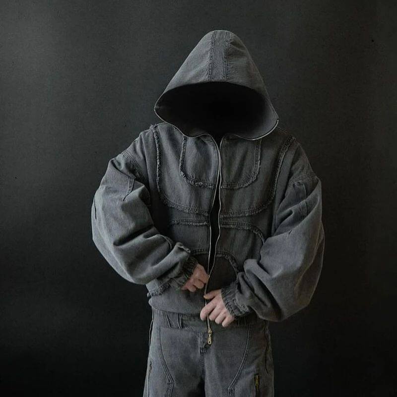 Washed Denim Jacket Y2K Double Zipper Stitching Flared Streetwear Gothic Oversized Unisex