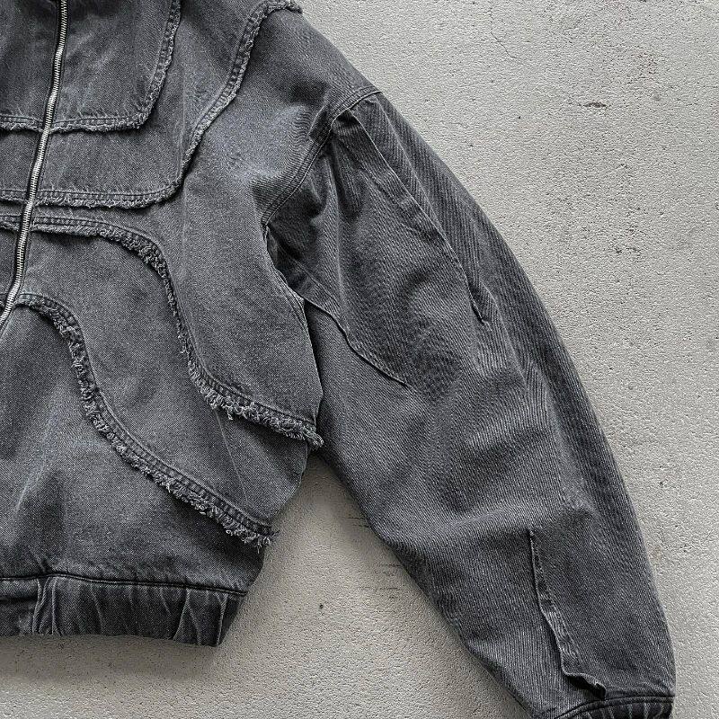 Washed Denim Jacket Y2K Double Zipper Stitching Flared Streetwear Gothic Oversized Unisex