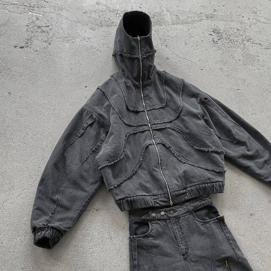 Washed Denim Jacket Y2K Double Zipper Stitching Flared Streetwear Gothic Oversized Unisex