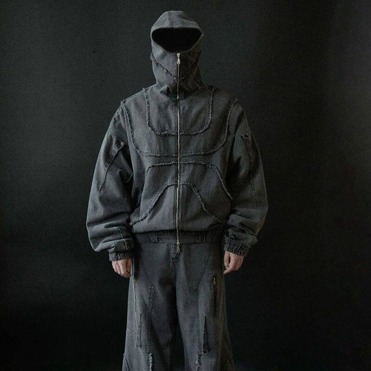 Washed Denim Jacket Y2K Double Zipper Stitching Flared Streetwear Gothic Oversized Unisex