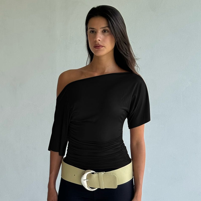 Fashion Streetwear Solid-color Off-shoulder Short-sleeve Ruffled Waist-cinching Slimming T-shirt
